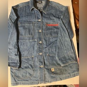 DKNY Jacket 90s Y2K denim jean workwear chore coat tunic length Donna Karan NY M